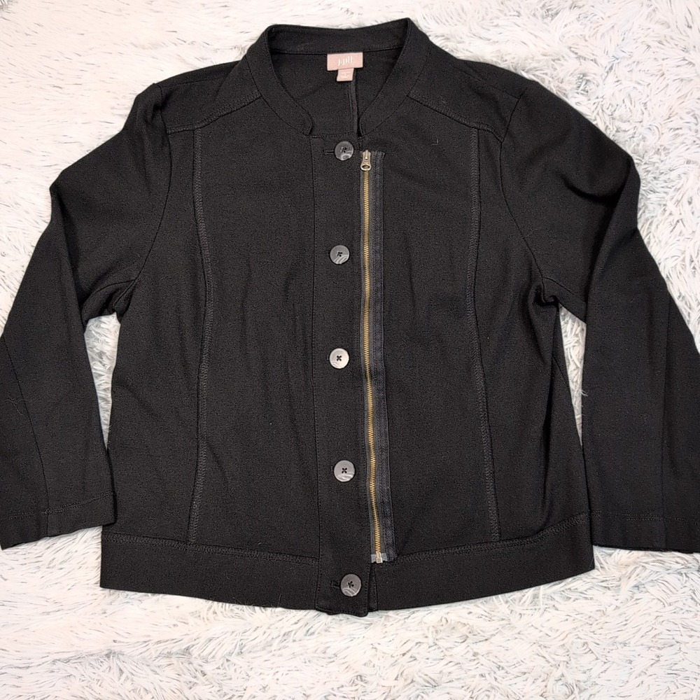 J. Jill Jacket Womens L Black Button Zip Up Coat Pockets‎ Lightweight Soft Comfy